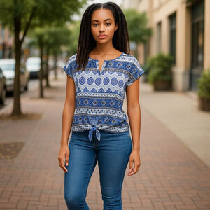 Lucky Brand Bohemian front waist tie V-neck and cap sleeves knit top Size XS NWT